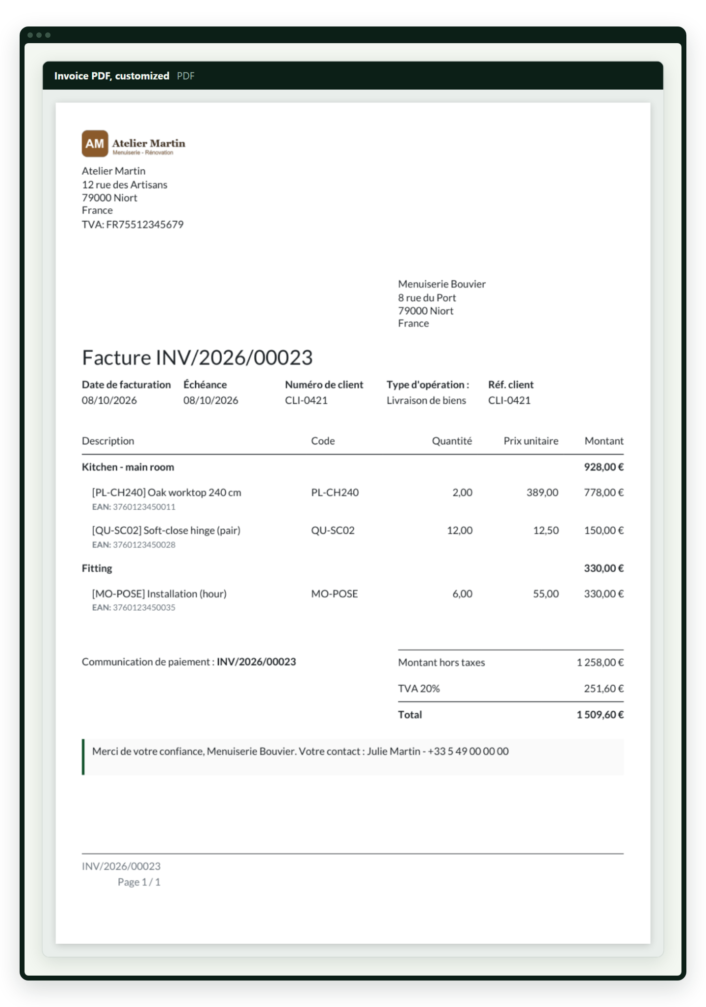 Odoo invoice customised with the PDF Report Editor