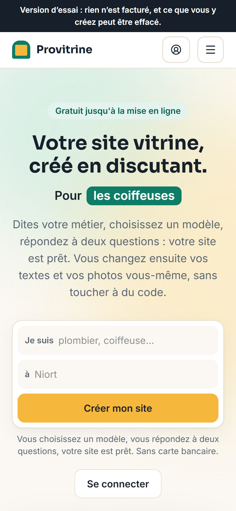 Provitrine : Le site vitrine créé en discutant avec une IA, gratuit jusqu’à la mise en ligne.